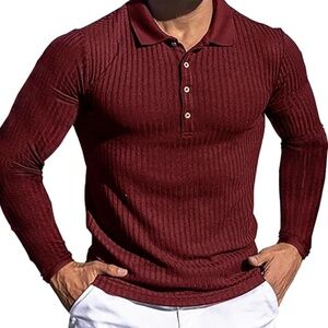 URRU Mens Muscle Shirts Stretch Long Sleeve Classic Ribbed Casual Slim Fit L Red